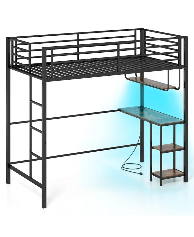 Sugift Twin Size Metal Loft Bed with Desk Led Lights and Charging Station