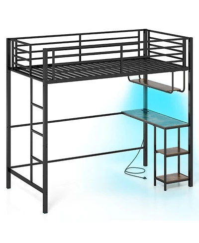 Sugift Twin Size Metal Loft Bed with Desk Led Lights and Charging Station