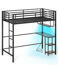 Sugift Twin Size Metal Loft Bed with Desk Led Lights and Charging Station