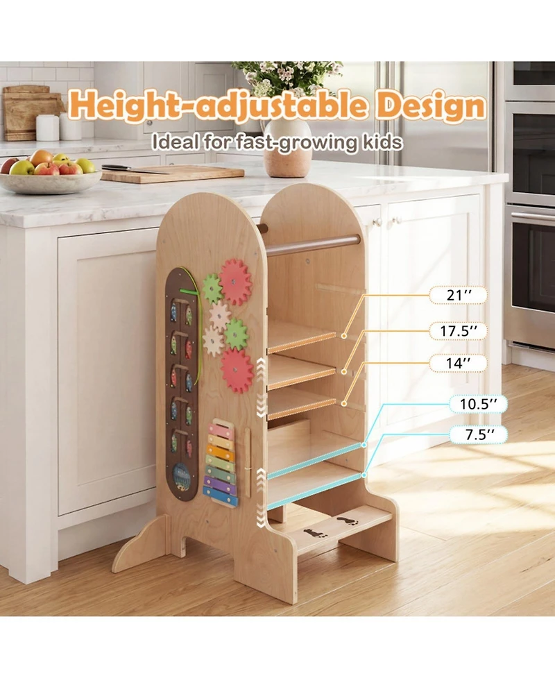 Sugift Kids 4-in-1 Adjustable Standing Tower with Chalkboard Slide and Montessori Games