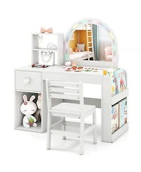 Sugift Kids Vanity Desk and Chair Set with Led-Lit Mirror and Multi-Tier Storage Shelves