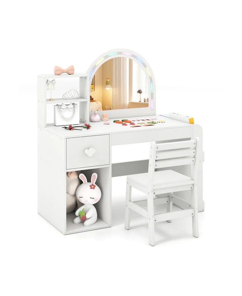 Sugift Kids Vanity Desk and Chair Set with Led-Lit Mirror and Multi-Tier Storage Shelves