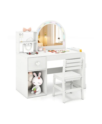Sugift Kids Vanity Desk and Chair Set with Led-Lit Mirror and Multi-Tier Storage Shelves