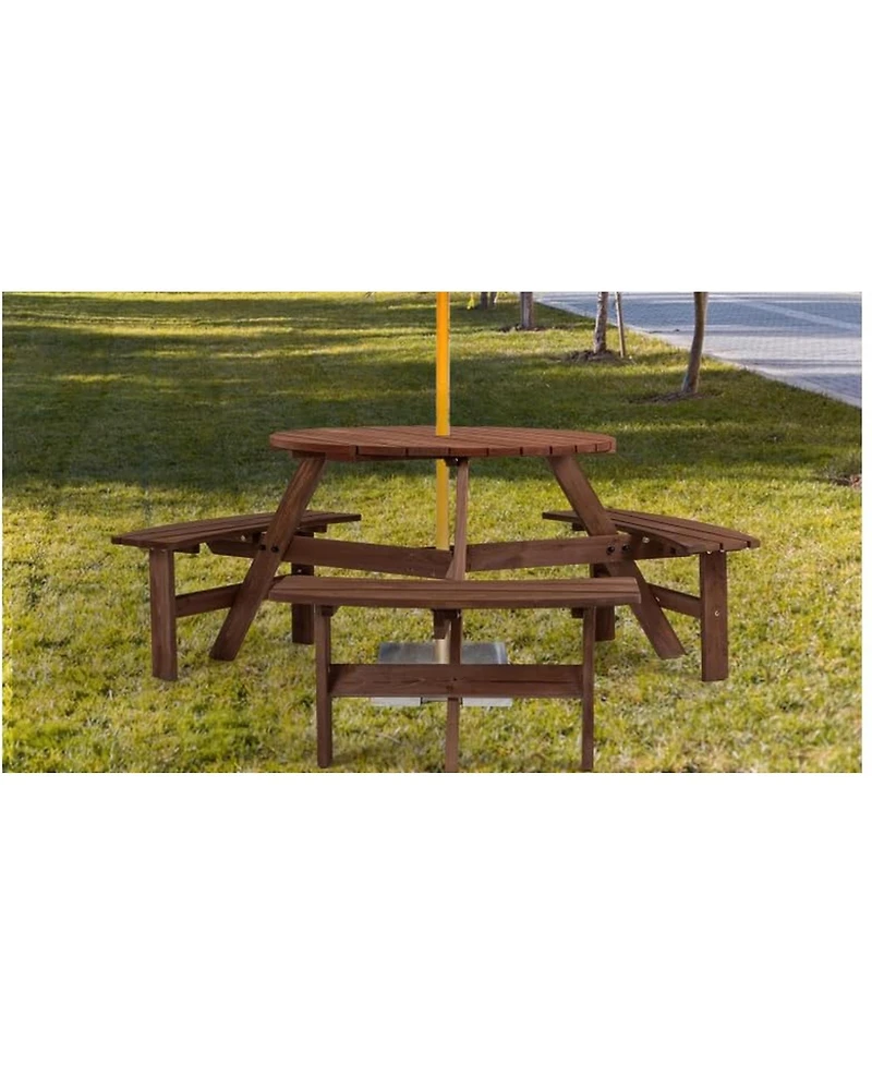 Gaomon 6-Person Round Natural Wood Outdoor Picnic Table with Attached Benches and Umbrella Hole for Patio Garden, Umbrella Not Included