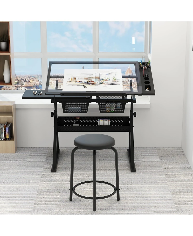homfan Height Adjustable Drafting Table with Stool, Tilting Glass Top Art Desk with 2 Drawers
