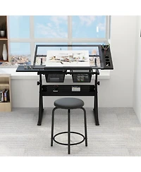 homfan Height Adjustable Drafting Table with Stool, Tilting Glass Top Art Desk with 2 Drawers