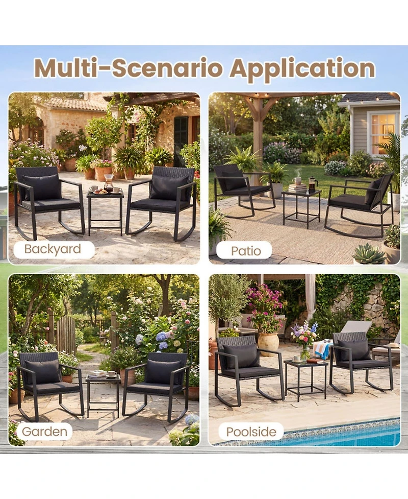 Sugift 3-Piece Outdoor Rocking Bistro Set with Cushions and Tempered Glass Table