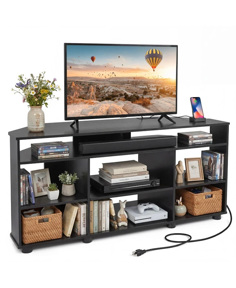 Sugift Corner Entertainment Center Tv Stand with Charging Station and Adjustable Shelves