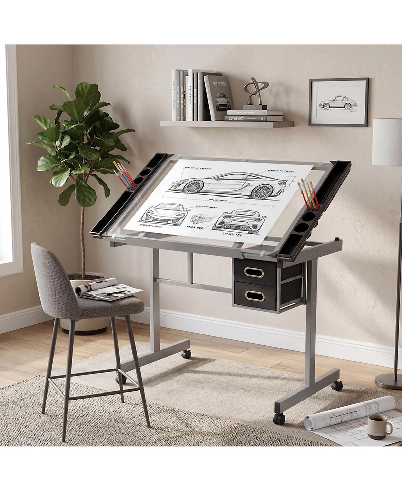 homfan Adjustable Glass Drafting Desk with Wheels and Storage Drawers, 0-65degree(s) Tilting Art Table for Home Office
