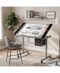 homfan Adjustable Glass Drafting Desk with Wheels and Storage Drawers, 0-65degree(s) Tilting Art Table for Home Office