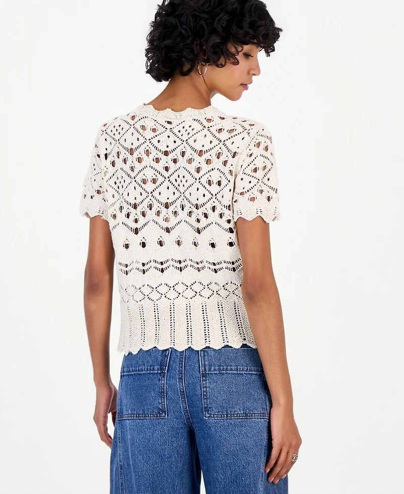 And Now This Petite Pointelle Short-Sleeve Scalloped-Trim Cardigan, Macy's Exclusive