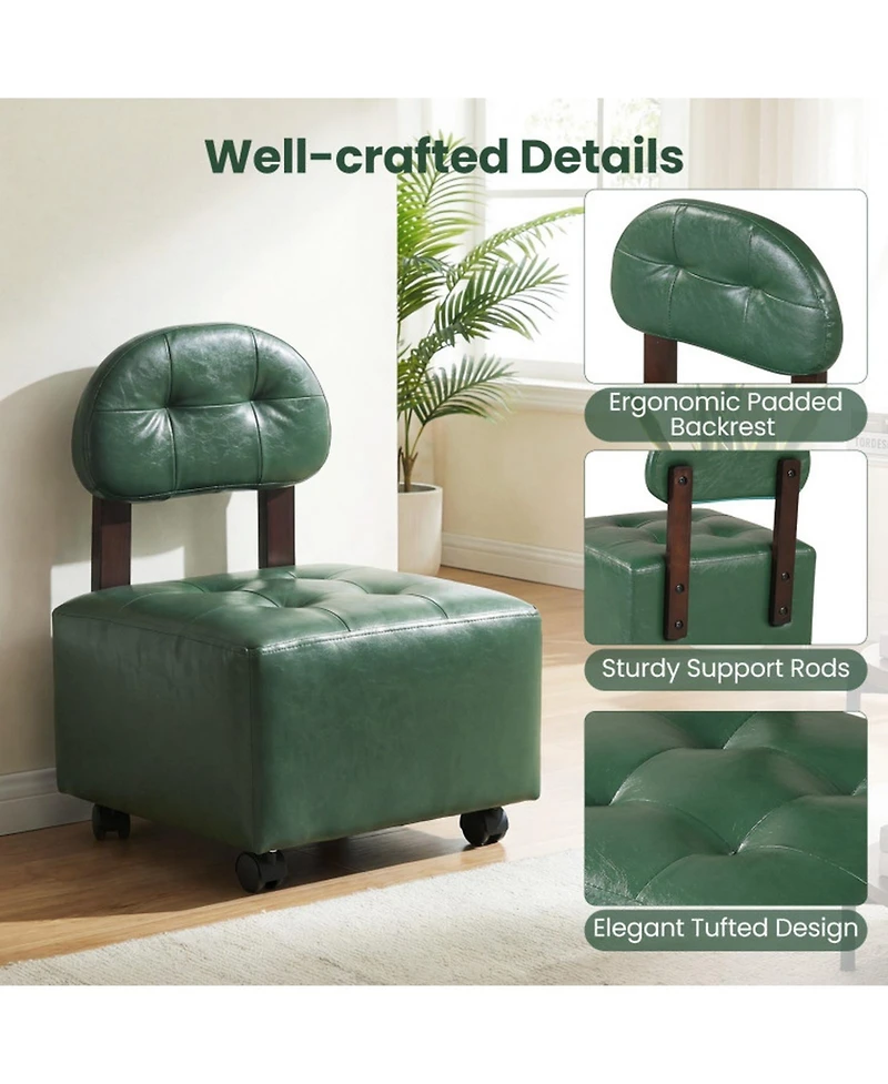 Sugift Set of 2 Rolling Footrest Stools with Lockable Swivel Wheels and Tufted Seats