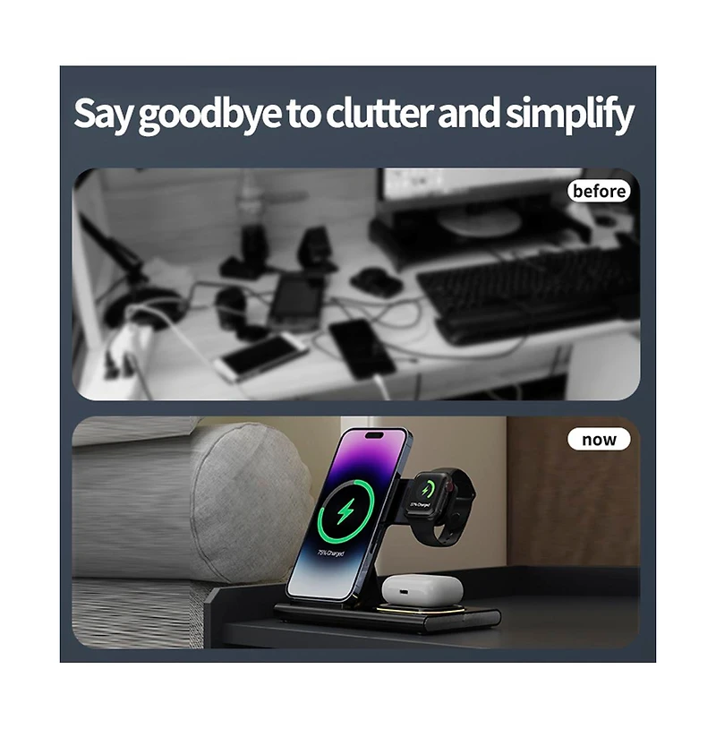 Artudatech 4-in-1 Foldable 15W Fast-Charging Wireless Charger with Night Light, Compatible with iPhone, Apple Watch, and AirPods