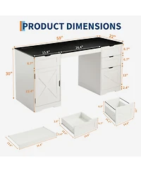 homfan 59" Farmhouse Computer Desk with 4 Drawers, Charging Station and Keyboard Tray