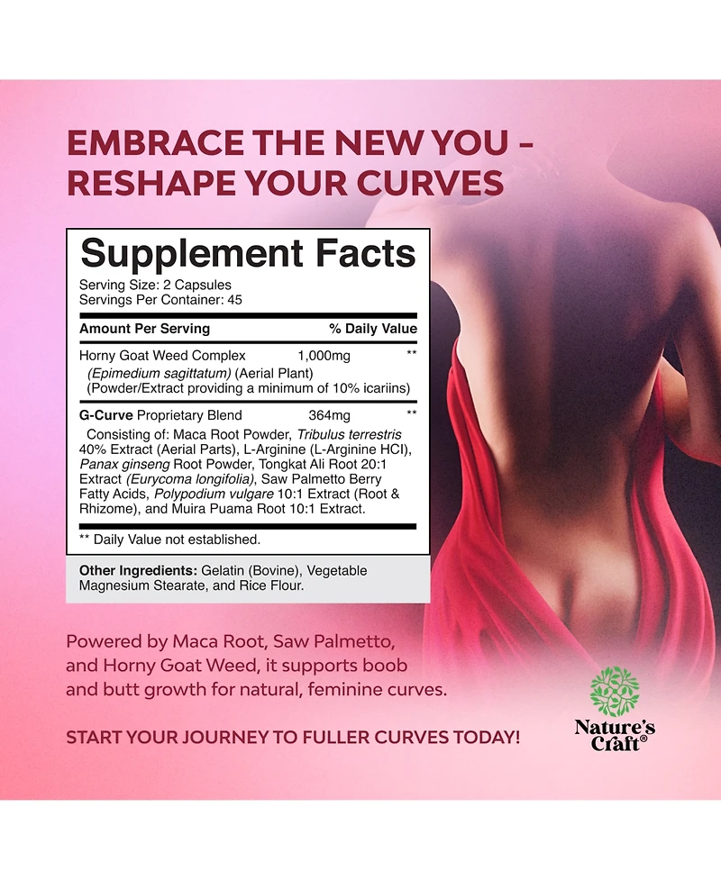 G-Curve Advanced Formula for Women, Horny Goat Weed with Maca and Tribulus Terrestris for Enhanced Energy Mood and Performance, Nature's Craft, 90ct