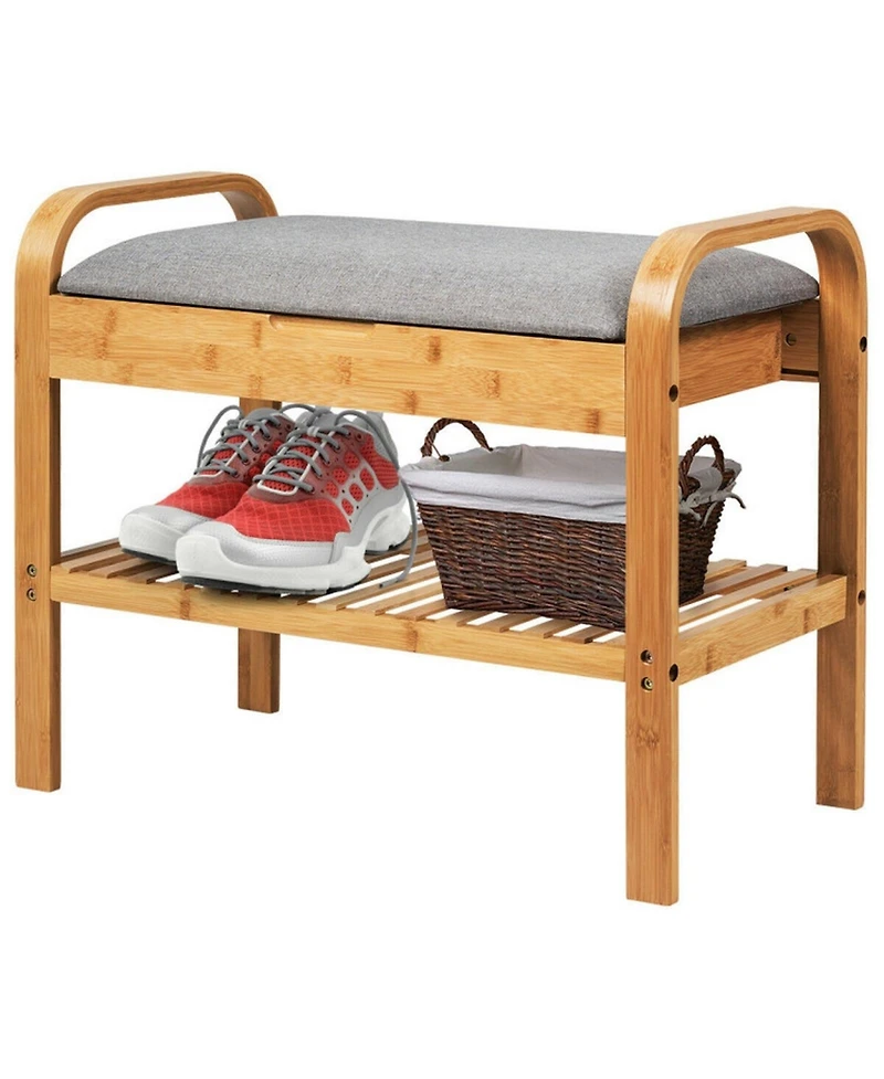 Sugift Bamboo Shoe Rack Bench with Cushioned Seat and Lower Storage Shelf