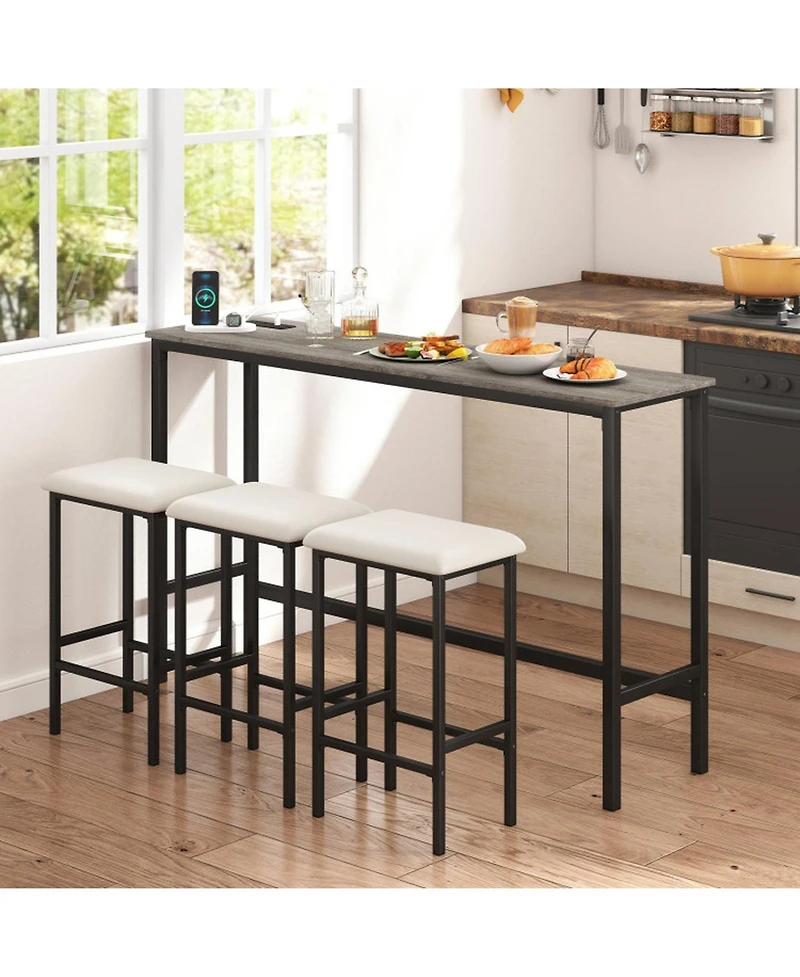 Sugift 4-Piece Counter Height Bar Table Set with Power Outlet and 3 Padded Stools