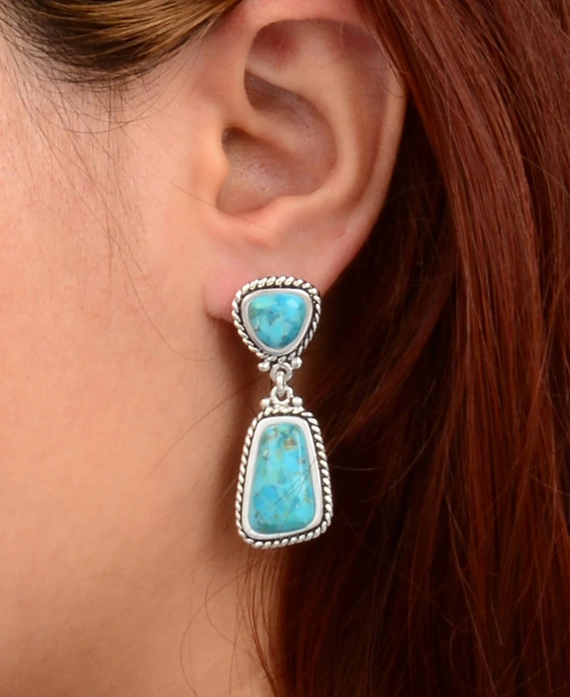 Barse Double Blue Turquoise Silver Drop Earrings