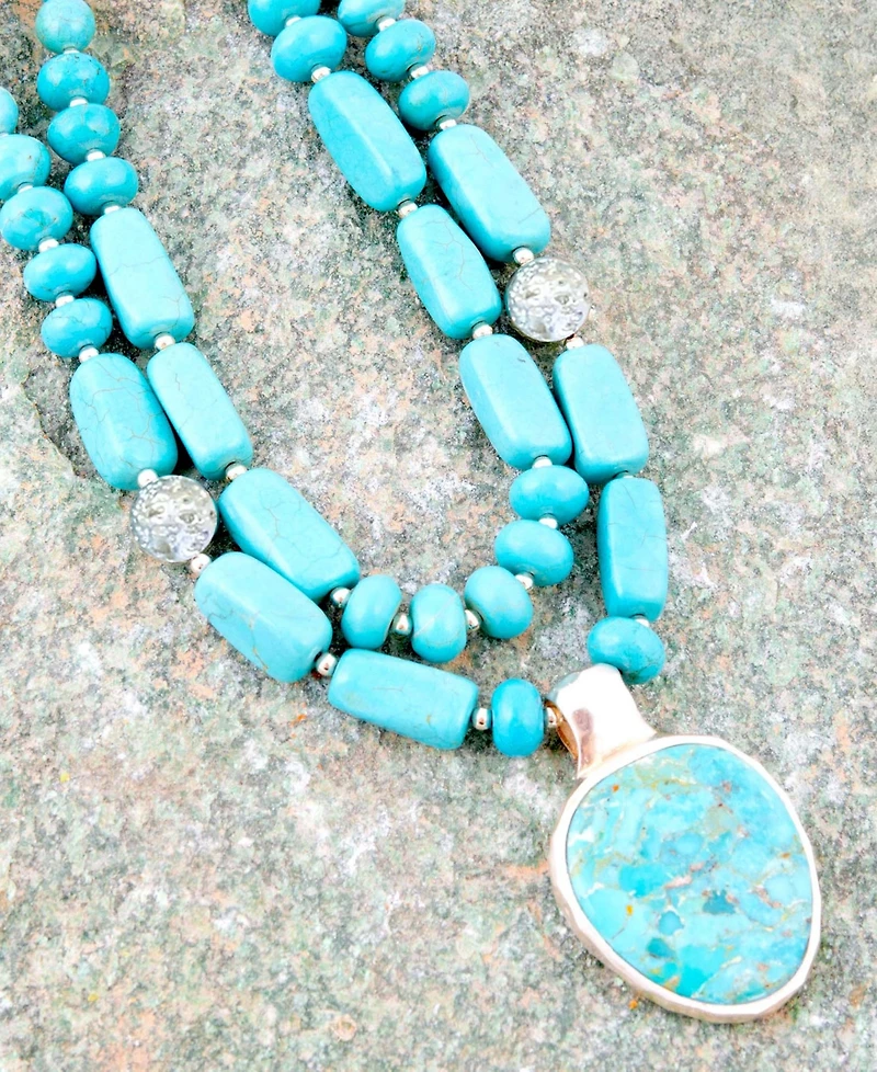 Barse Double Stranded Blue Turquoise Silver Statement Pendant Necklace