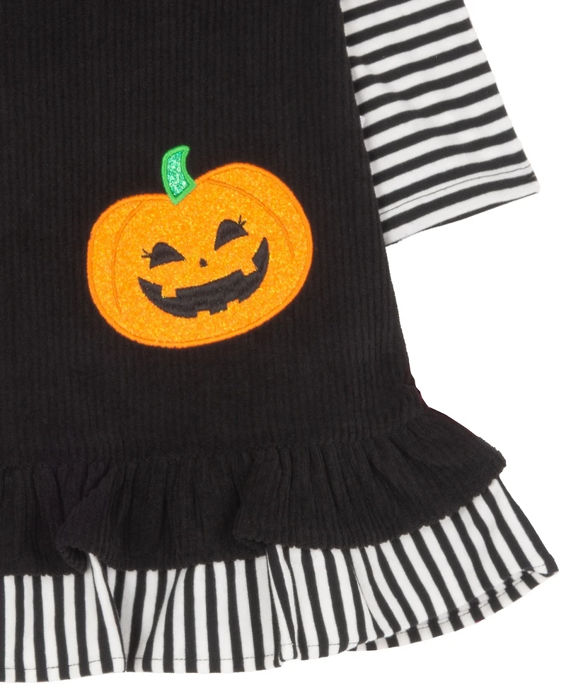 Rare Editions Baby Girls' Black Pumpkin Applique Jumper with Striped and Sleeveless Dress