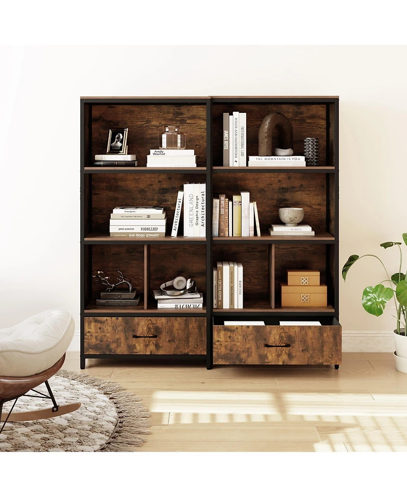 Costway 5-Tier Industrial Freestanding Bookcase with 4 Storage Compartments and Fabric Drawer