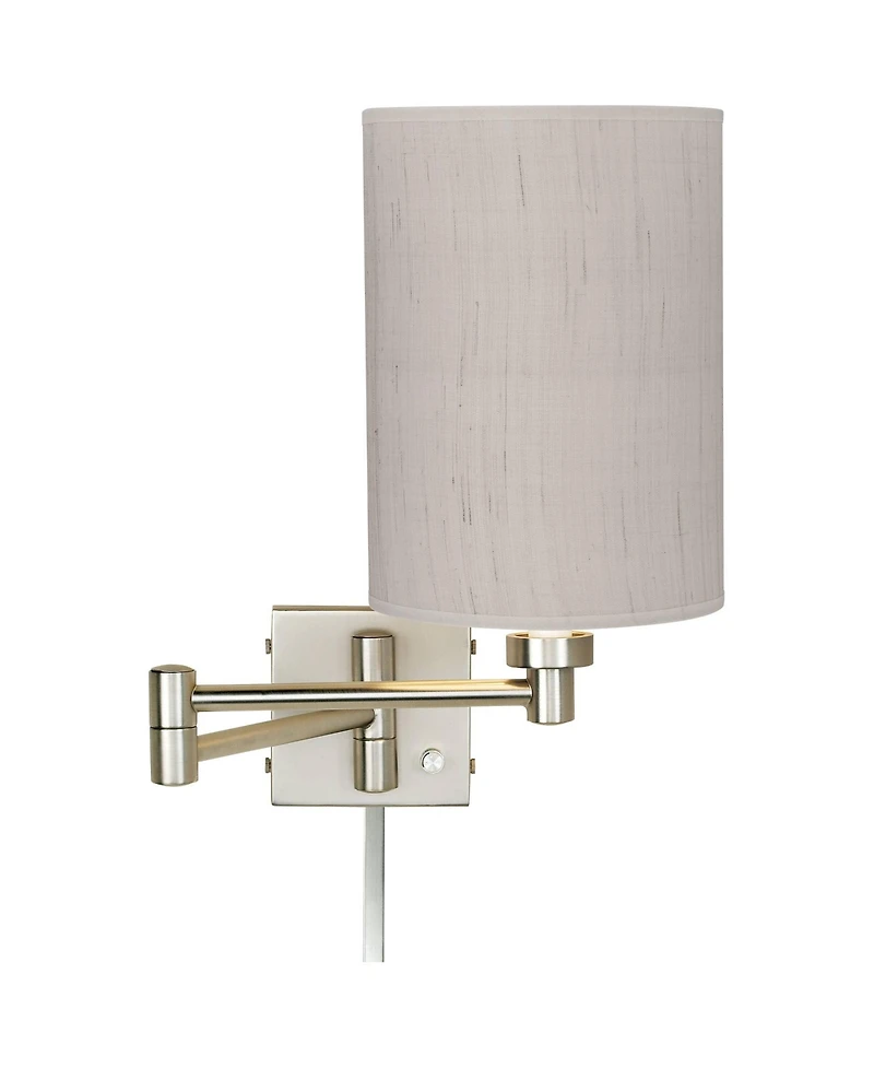 Possini Euro Design Modern Swing Arm Wall Lamp Cord Cover Brushed Nickel Plug-In Light Fixture Linen Cylinder Shade Bedroom