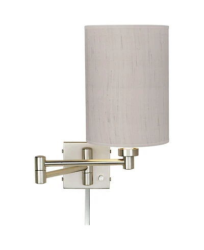 Possini Euro Design Modern Swing Arm Wall Lamp Cord Cover Brushed Nickel Plug-In Light Fixture Linen Cylinder Shade Bedroom