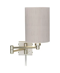 Possini Euro Design Modern Swing Arm Wall Lamp Cord Cover Brushed Nickel Plug-In Light Fixture Linen Cylinder Shade Bedroom