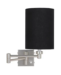 Possini Euro Design Modern Swing Arm Wall Lamp Brushed Nickel Plug-In Light Fixture Linen Cylinder Shade for Bedroom Bedside