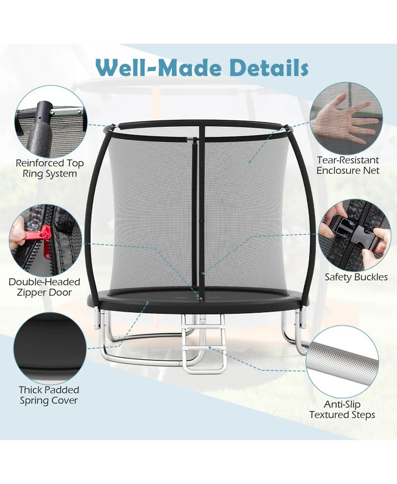 Hongge 8 ft Galvanized Steel Safety Enclosure Net Trampoline with Ladder, 880 lb Capacity, Ages 3+