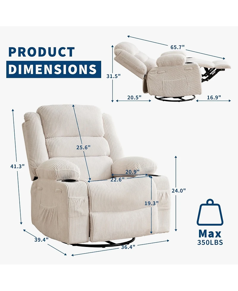 homfan Rocking Recliner for Adults Oversized 360degree(s) Swivel Manual | Soft Corduroy with Cup Holder Side Pockets Living Room