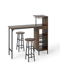 Sugift 3-Piece Bar Table and Chairs Set with 6-Bottle Wine Rack