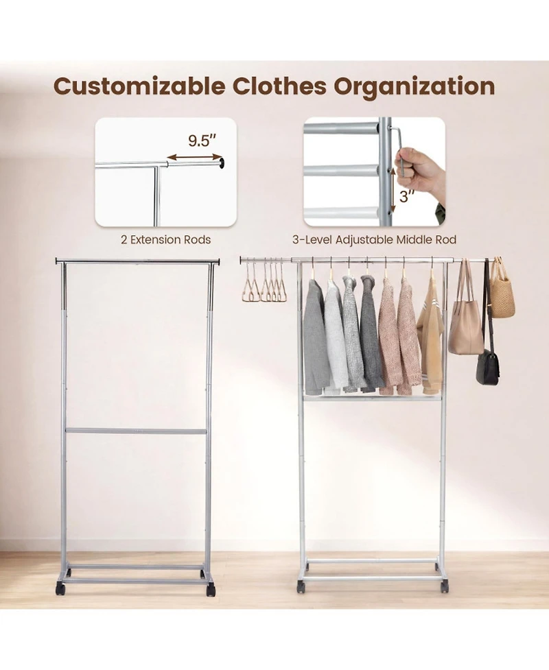 Sugift Rolling Double-Rod Clothes Rack with 9.5in Extension Rods and 3-Level Adjustable Height