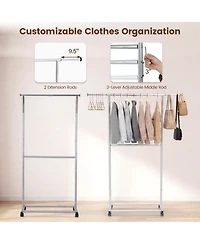 Sugift Rolling Double-Rod Clothes Rack with 9.5in Extension Rods and 3-Level Adjustable Height
