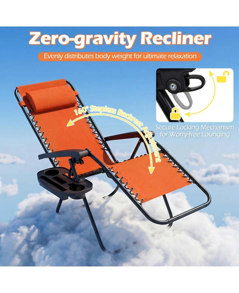 Sugift Portable Zero Gravity Chair with Cup Holder Tray and 160degree(s) Adjustable Backrest