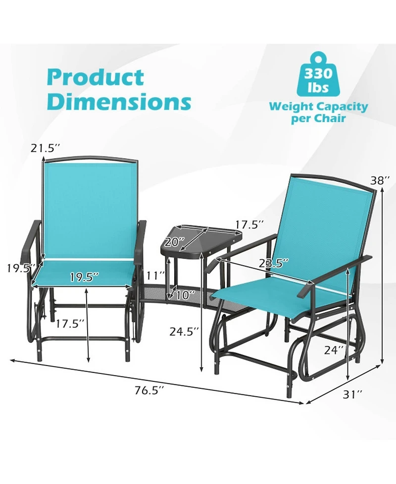 Sugift 2-Seater Outdoor Glider Bench with 2-Tier Center Table