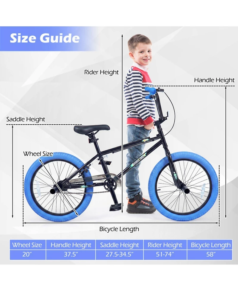 Sugift 20" Trick Bicycle with 360-Degree Steering, Carbon Steel Frame, 7" Adjustable Seat, Ages 8-12