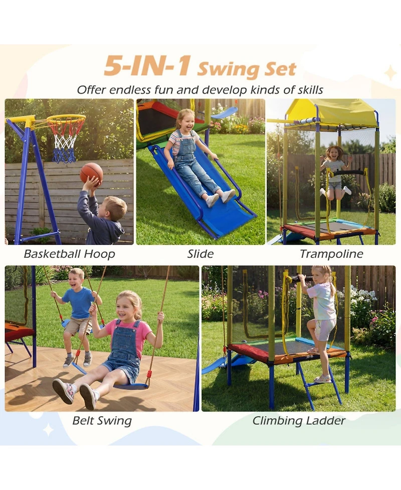 Sugift 5-in-1 Metal Swing Set with Slide, Trampoline & Basketball Hoop, Ages 8+