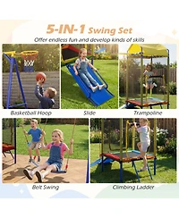 Sugift 5-in-1 Metal Swing Set with Slide, Trampoline & Basketball Hoop, Ages 8+
