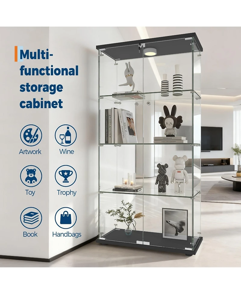 homfan Tempered Glass Display Cabinet, 4 Shelves, Doors, Led Lights and Motion Detector, Curio for Collectibles