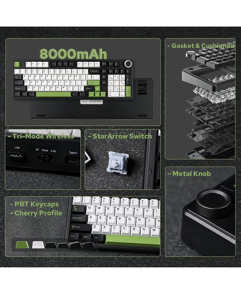 Aula F99 Pro Wireless Mechanical Gaming Keyboard, Tri-Mode Bt Type-c, Rgb Backlit with Multifunctional Knob, 8000mAh Battery
