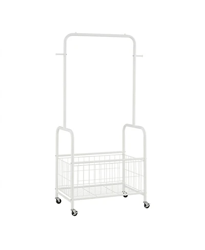 Sugift 3-in-1 Rolling Metal Clothes Rack with Hanging Rod Storage Basket and 2 Side Hooks