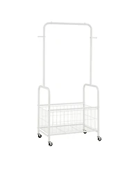Sugift 3-in-1 Rolling Metal Clothes Rack with Hanging Rod Storage Basket and 2 Side Hooks