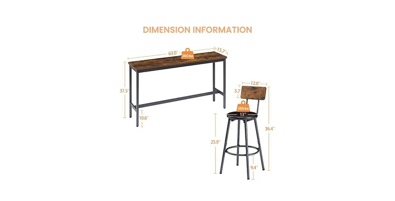Flynama 4-Piece Long Bar Table Set with 3 Pu Stools, Industrial for Kitchen and Living Room