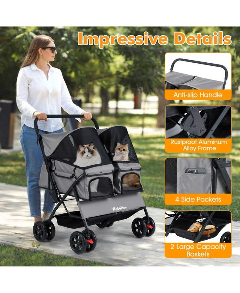 Sugift Foldable Double Pet Stroller with Adjustable Sunshade and Storage Basket