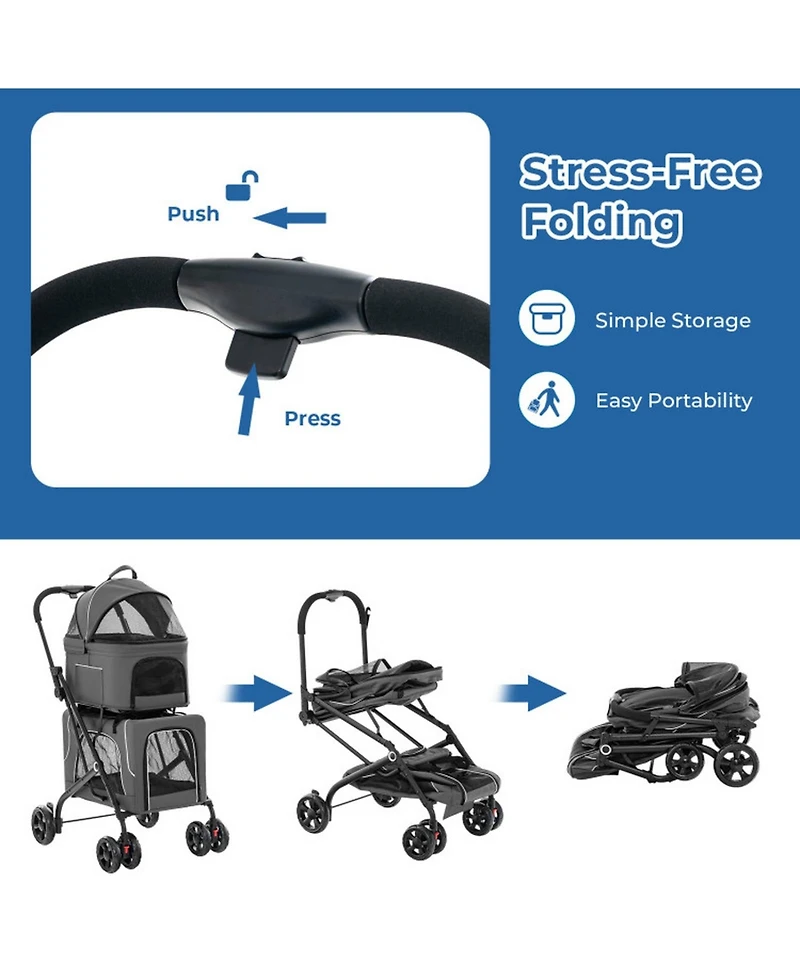 Hongge Foldable Double Pet Stroller with 2 Detachable Pet Carriers