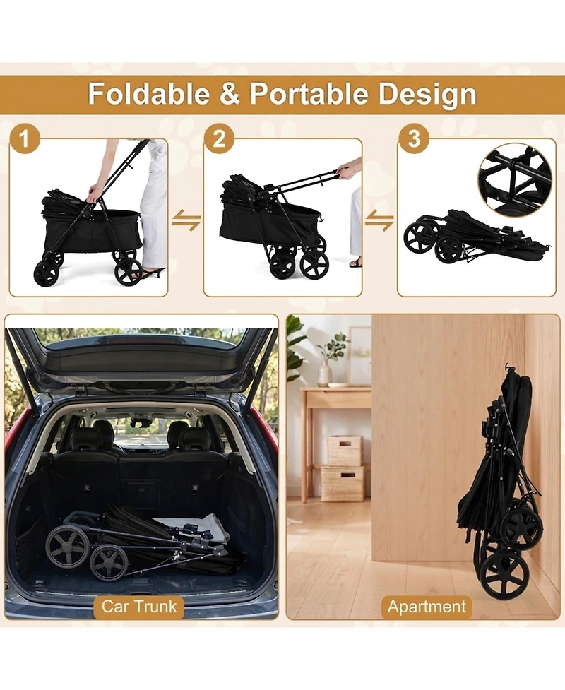 Hongge Foldable Pet Stroller with One-Step Rear Wheel Brake