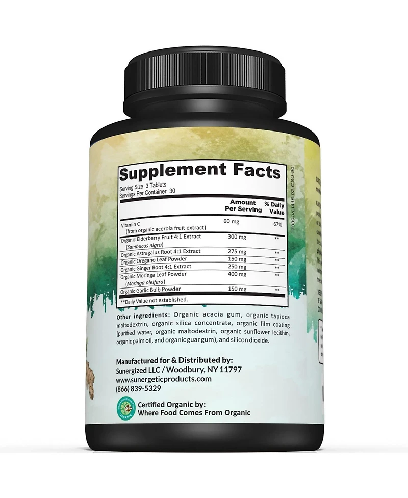 Sunergetic Immune Supplement with Vitamin C, Elderberry, Astragalus, Oregano, Ginger, Moringa and Garlic, 90 Tablets