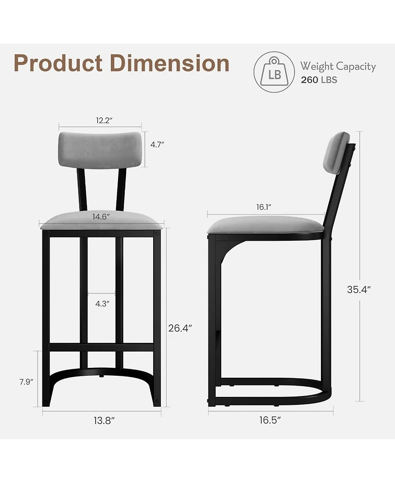 homfan Bar Stools Set of 4, Counter Height Stools with Curved Back, Upholstered Seats, Metal Frame and Footrest for Kitchen Island and Dining Room