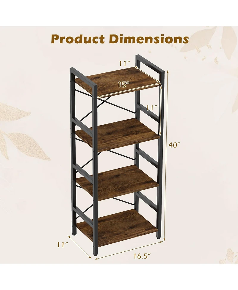 Costway 4-Tier Bookshelf with Metal Frame and Wooden Storage Racks for Living Room